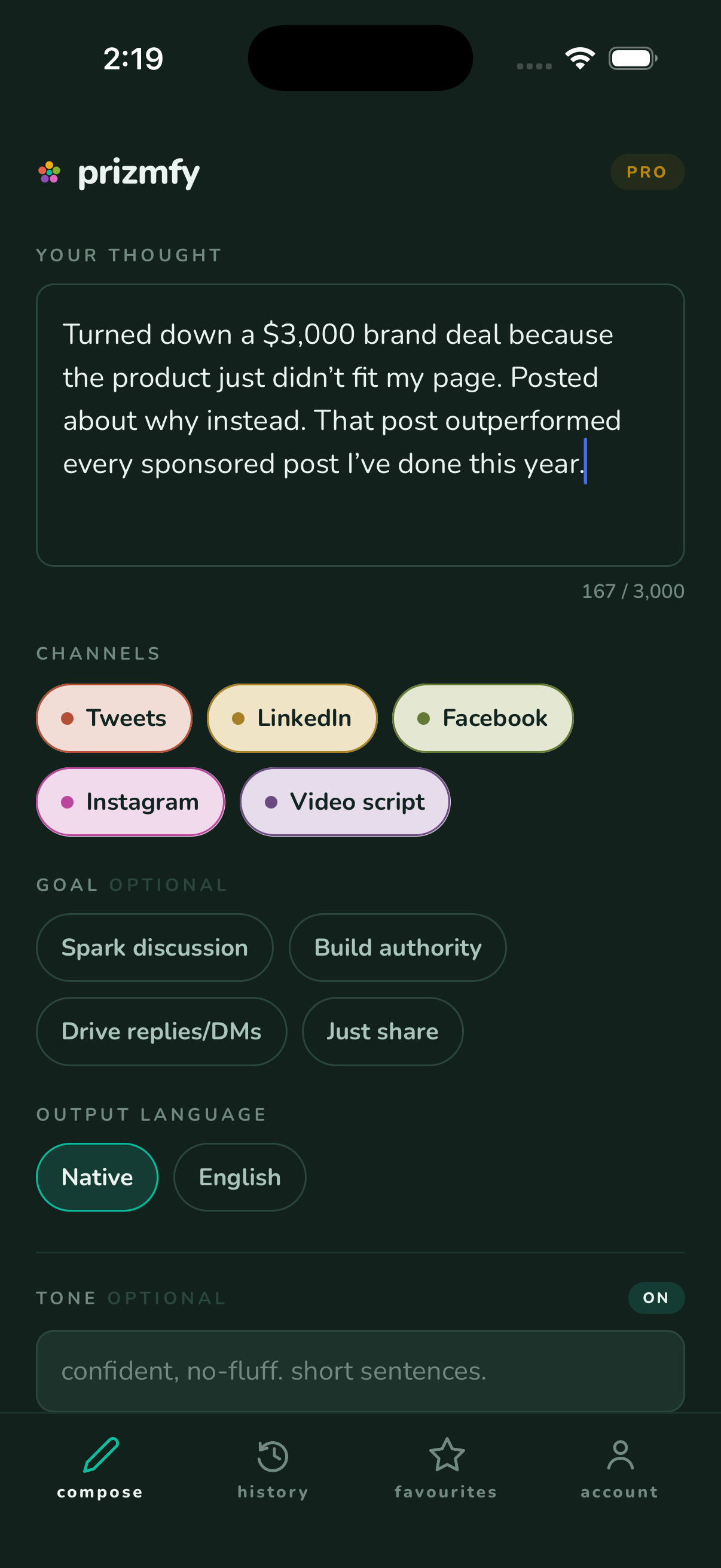 Prizmfy mobile compose screen
